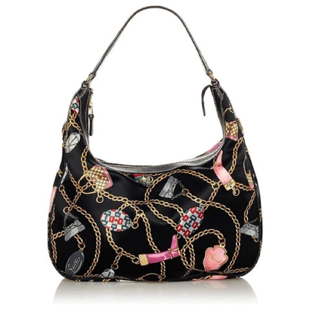 RARE Gucci Satin Medium Charmy Shoulder Bag Black Hobos Designer Purses - Picture 9 of 10